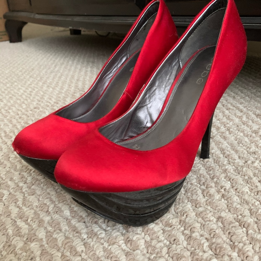 Red silk Bebe platforms